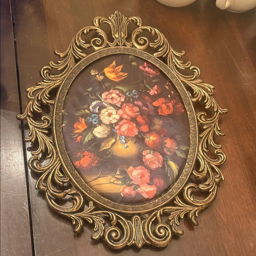 Ornate Gold Framed Floral Art on silk